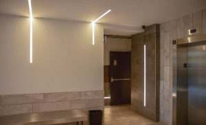 LED light strips in side a building lobby