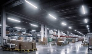 led lights inside of a big warehouse lighting up all the pallets